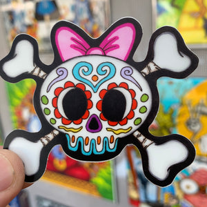 Sugar Skull & Crossbones Sticker (Pink Bow)